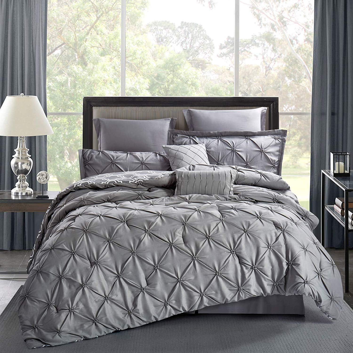 Bedsure 8 Piece Solid Grey Pinch Pleat Comforter Set Down