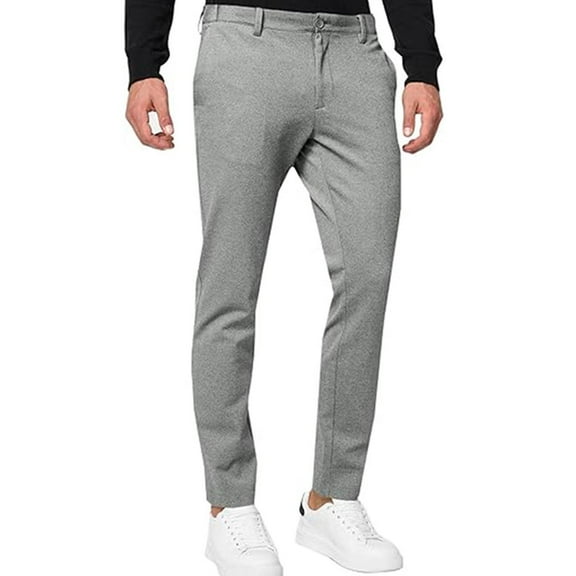 GuangCheng Mens Dress Pants,Slim Fit,Stretch,Chino Pants,Flat Front,Work Suit Trousers ,Gray,Size L
