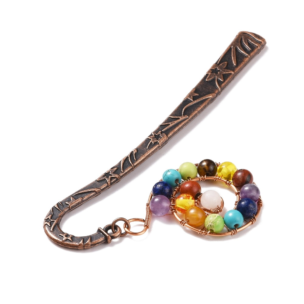 10pc Chakra Theme Gemstone Beaded Bookmarks with Tibetan Style Alloy Stick for Student Office Birthday Present Red Copper 120x24x4mm