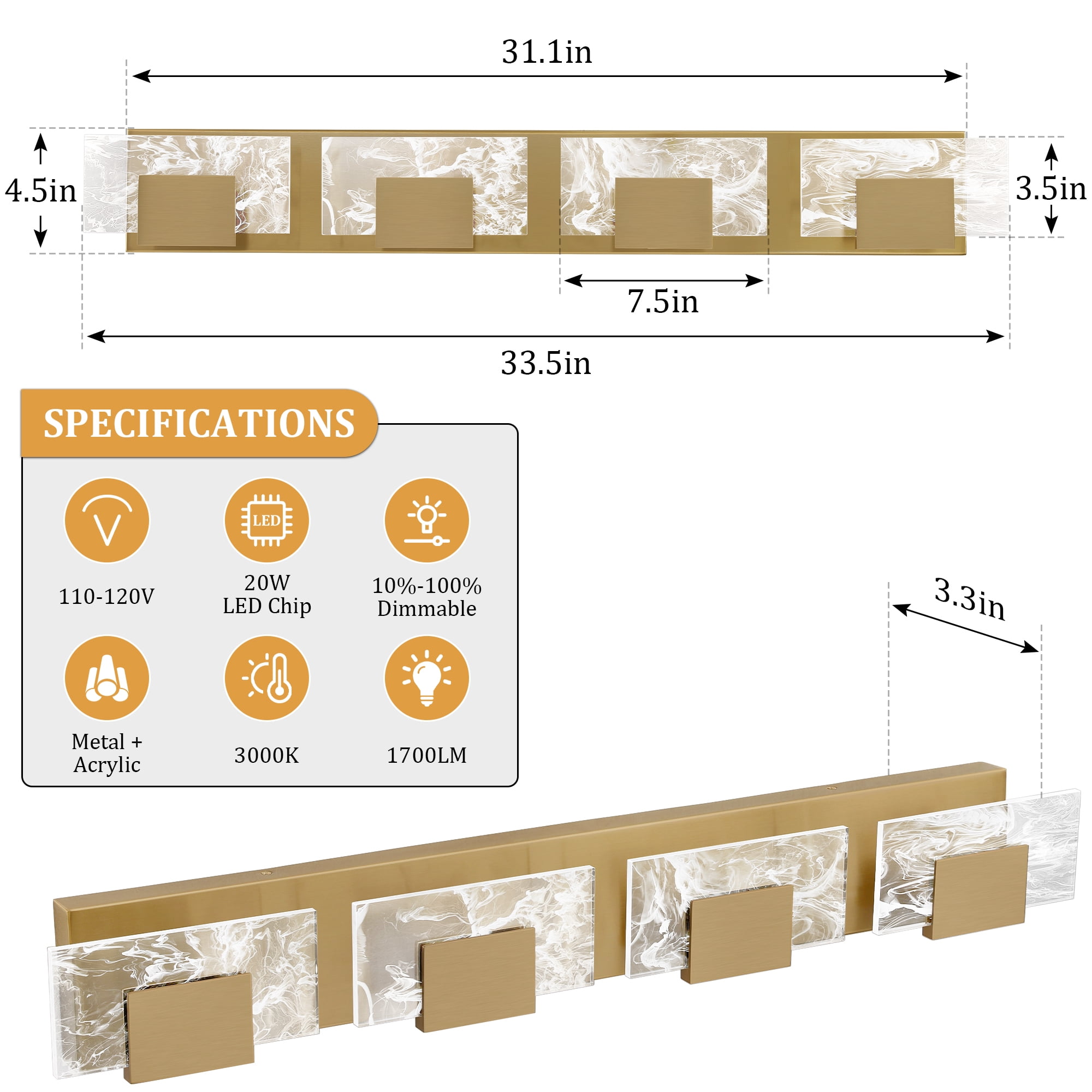 LED Bathroom Vanity Light 4-Light Gold Acrylic Modern Lighting Fixtures Smoke Design 3000K Wall Lights Fixture Over Mirror
