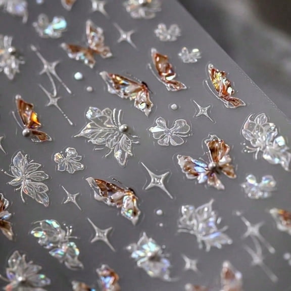 Butterfly & Flower Nail Art Stickers, Sparkly Rhinestone Nail Decals for DIY Manicure Decoration