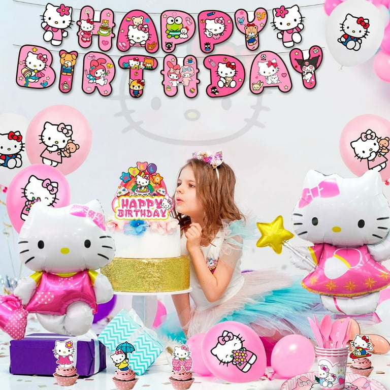 Hello Kitty Birthday Decorations,124pcs Hello Kitty Party Decorations & Hello Kitty Party Tableware Set - Hello Kitty Party Plates Cups Napkins Backdrop Balloon Banner etc Hello Kitty Party Supplies