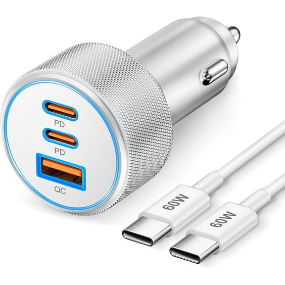67W 3-Port Super Fast Type C Car Charger USB C for iPhone 16/16e/15 Pro Max, Samsung Galaxy S25 S24 S23, Google Pixel 9 8 7, Android, Car Adapter Accessories for Men Women 3FT USB-C Cable Silver