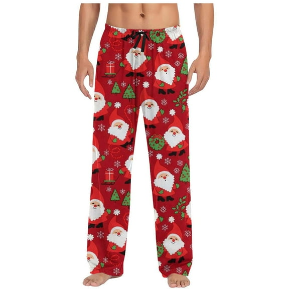 CONZONE Christmas Men's Pajamas Pants Xmas Santa Claus Graphic Pjs Pants for Men Wide Leg Elastic Waist Drawstring Soft Sleepwear Bottoms Cozy Fall Winter Homewear Loungewear