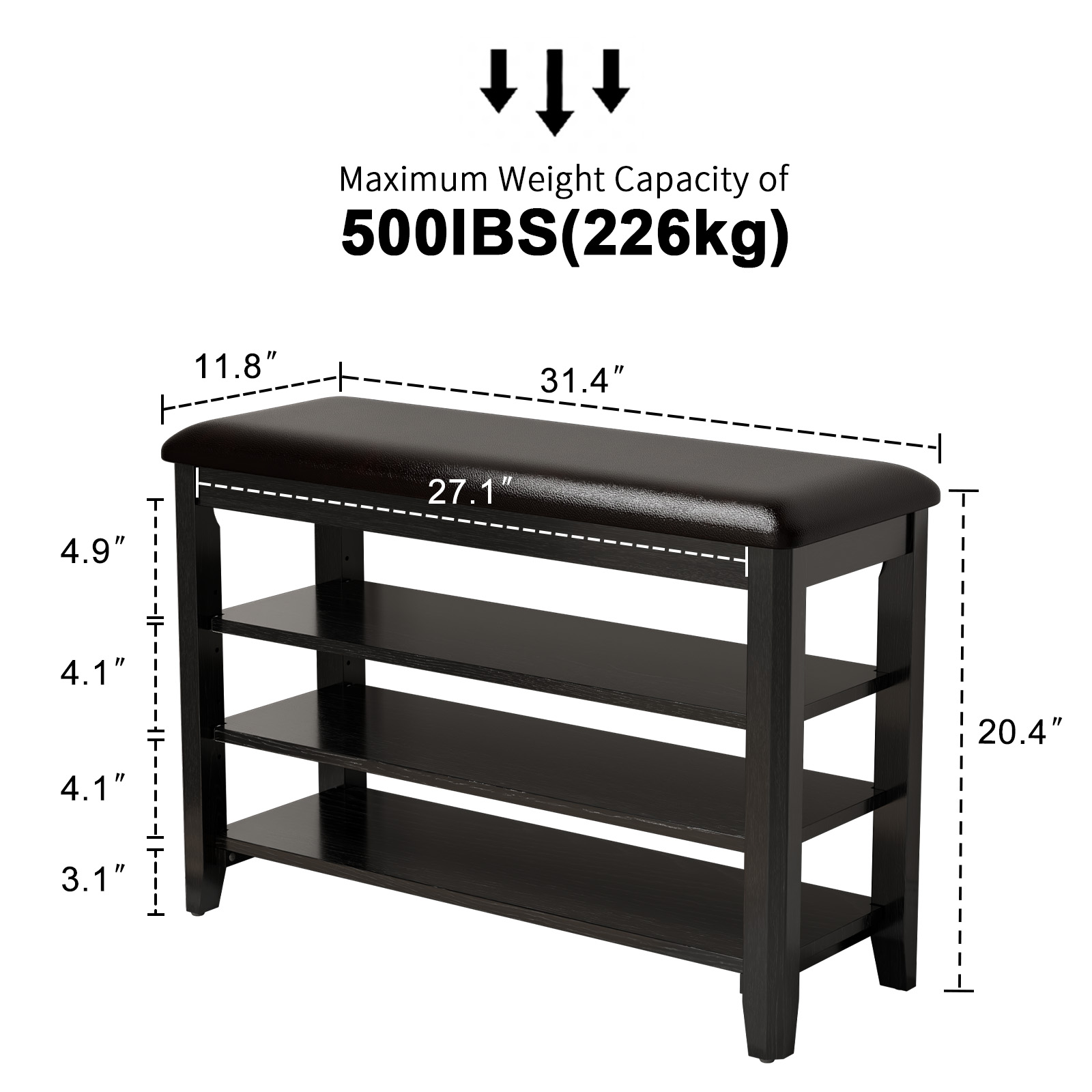 Muwuele 3-Tier Shoe Rack with Leather Cushion, Shoe Organizer Storage with Adjustable Shelves, Black Wood Shoe Bench for Entryway, Mudroom, 31.4"W