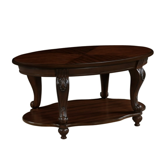 42" Wood Coffee Table for Living Room, 2-Tier Oval Coffee Table with Open Storage Shelf, Antique Table Legs with Elegant Carvings, Easy Assembly, Cherry
