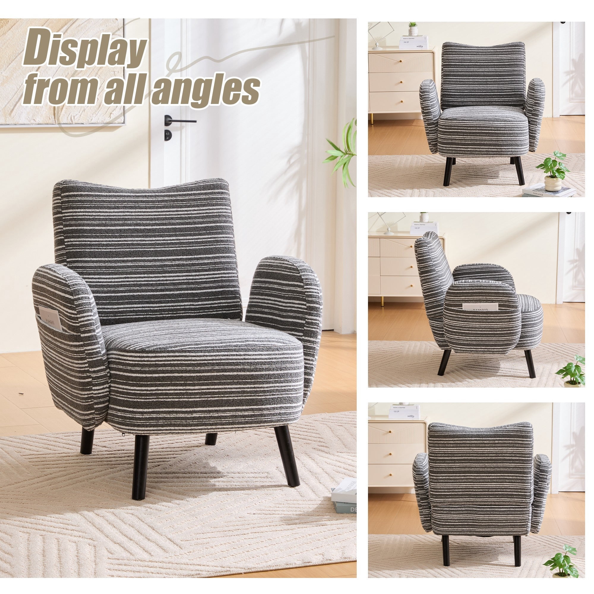 Sailvan Modern Armchair,Sanded Fabric Reading Chair with Side Storage Pocket & Solid Wood Legs for Living Room,Bedroom & Office Dark Gray