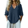 thumbnail image 2 of Yrmaups Loose Fit 3/4 Sleeve T Shirt for Women, Casual V Neck Blouse, Soft Flowy Boho Top for Beach Travel Office Daily Wear, Navy XL, 2 of 6
