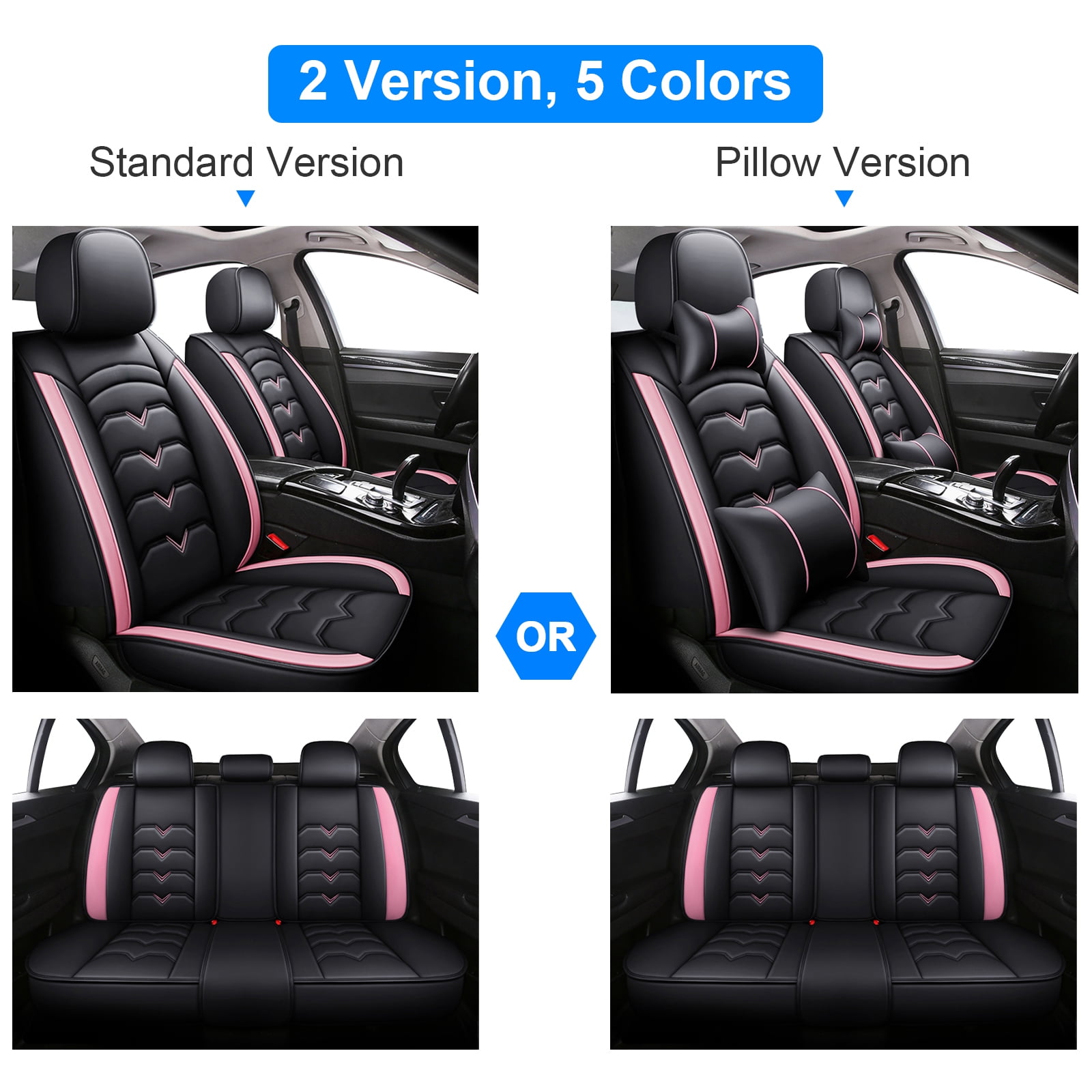 FANOTEK Black and Pink, Premium Leather, Full Set, Front and Rear Seat Covers, 5 Pieces