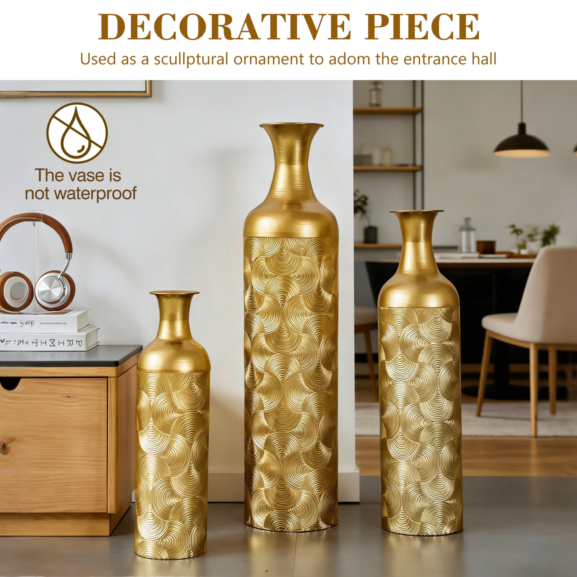 Noble House 3-Piece Metal Floor Vase Set, 32.68", 25.98", 19.69" Decorative Vases with Wave Pattern, Gold