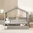 thumbnail image 3 of Harper & Bright Designs Full Size Wooden House Bed with Trundle, Wood Montessori Daybed Frame with Roof and Safety Guardrail, Gray, 3 of 11
