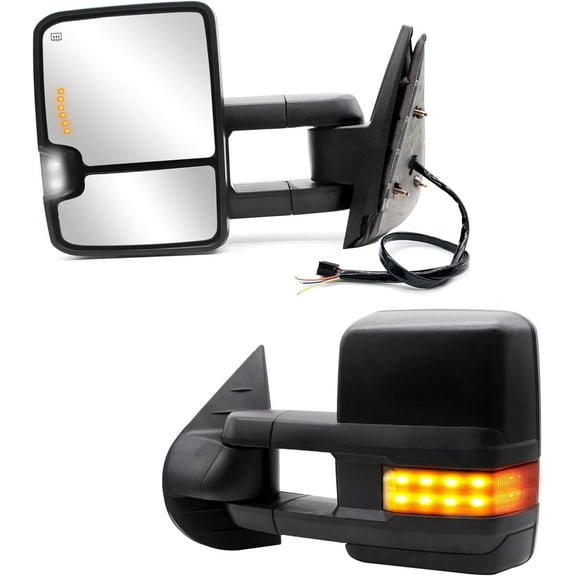 WLLW Towing Mirrors fit for 07-14 Chevy Silverado 1500HD 2500HD 3500HD GMC Sierra Yukon with Power Heated Turn Signal Arrow Signal Light Black Cap Smoke Lamp Housing