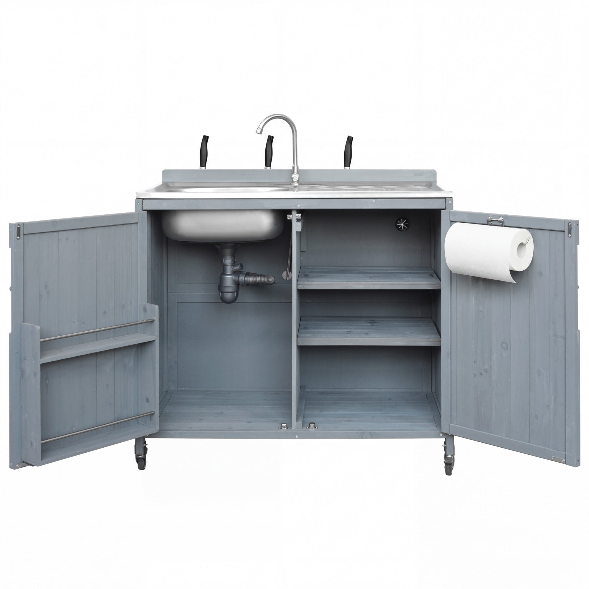 AENKYO 39.4" Outdoor Kitchen Island with 304 Stainless Steel Sink, Wood Prep Station with Faucet & Wheels, Gray Blue