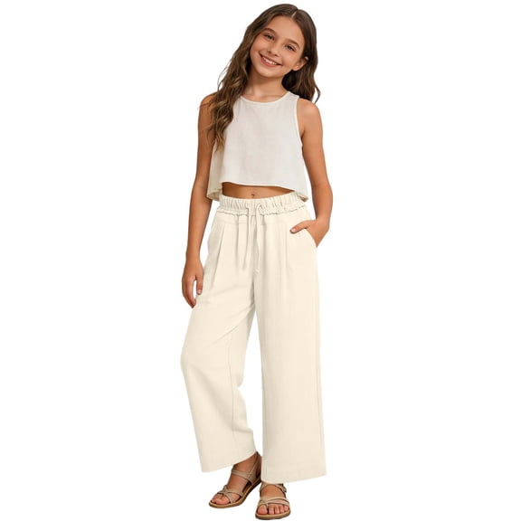 BOOMNY Girls Linen Pants Wide Leg Pants for Girl Trendy Solid Color Elastic Waist Drawstring Casual Jogger Pant With Pocket