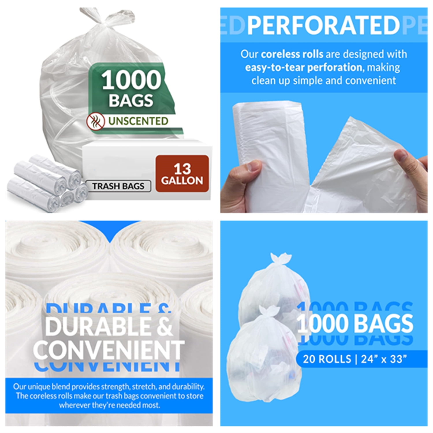 13 Gallon Trash Bags | 1000 Count Bulk | Tall Kitchen | Can Liners | Clear Multi-Use Garbage Bags