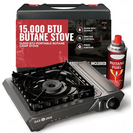 15,000 BTU Portable Butane Camping Stove with Case: Automatic Ignition, Precise Heat Control - Camping & Tailgating and Outdoor Cooking