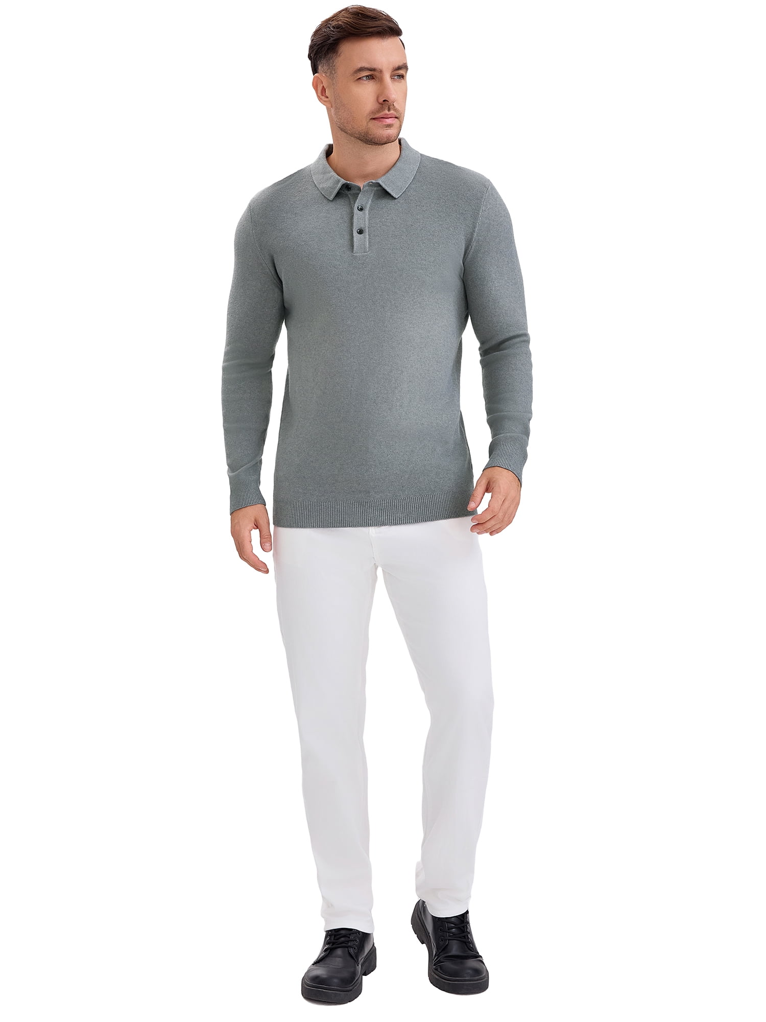 DARING DIVA Men's Long Sleeve Pullover Business Knitted Polo Shirt L Gray