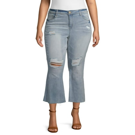 Dollhouse Juniors' Plus Size Destructed Kick Flare Jean with Fray Hem