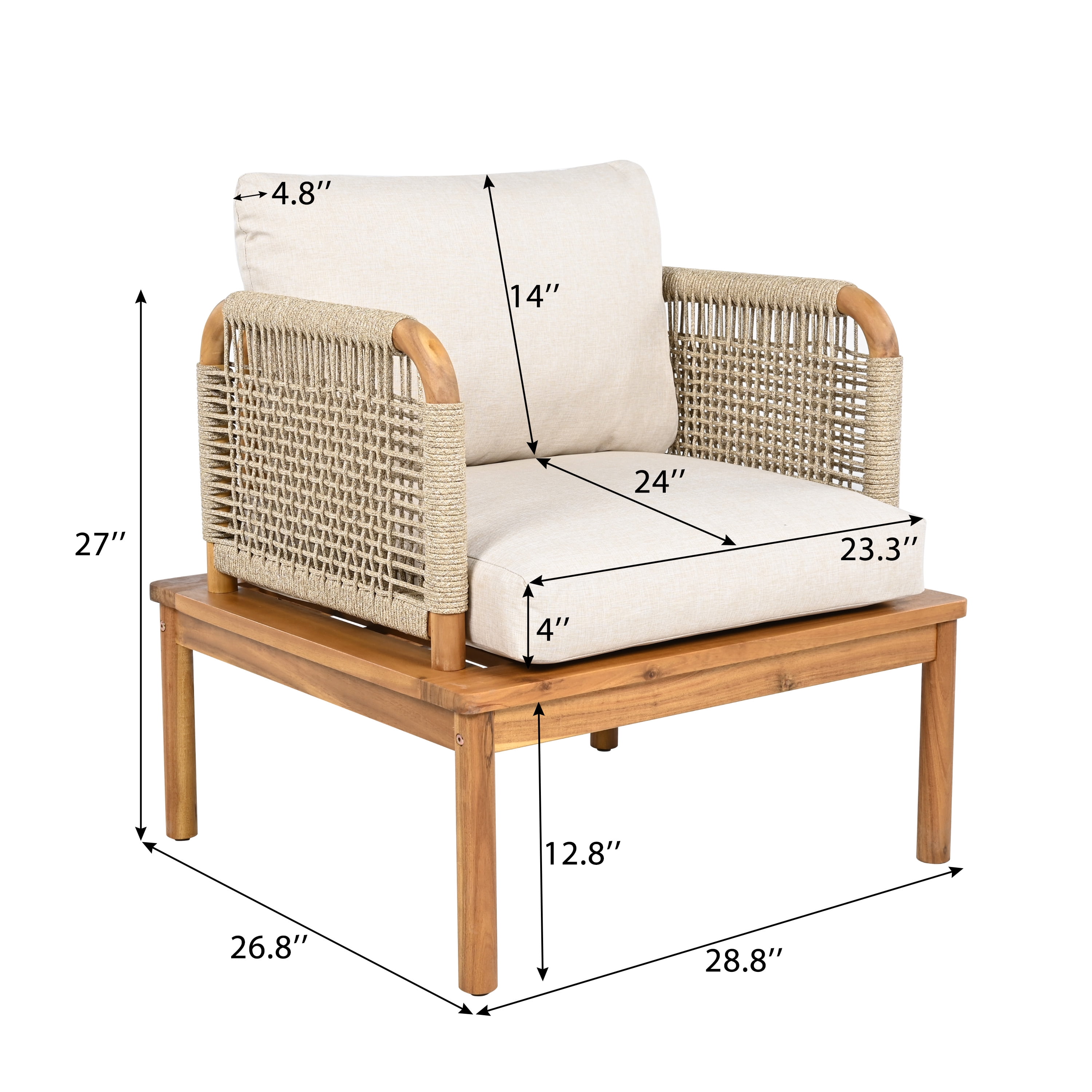 Outdoor Acacia Wood & Rope Club Chair Set of 2 with Plush Cushions, Weather-Resistant Patio Lounge Chairs for Garden Porch Backyard, Teak+Beige