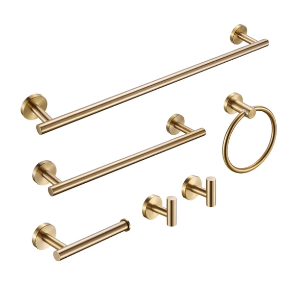 Cobbe Stainless Steels 6-Piece with Towel Bar*2 Towel Ring*1 Toilet Paper Holder*1 Hook*2 Bathroom Hardware Set Brushed Gold