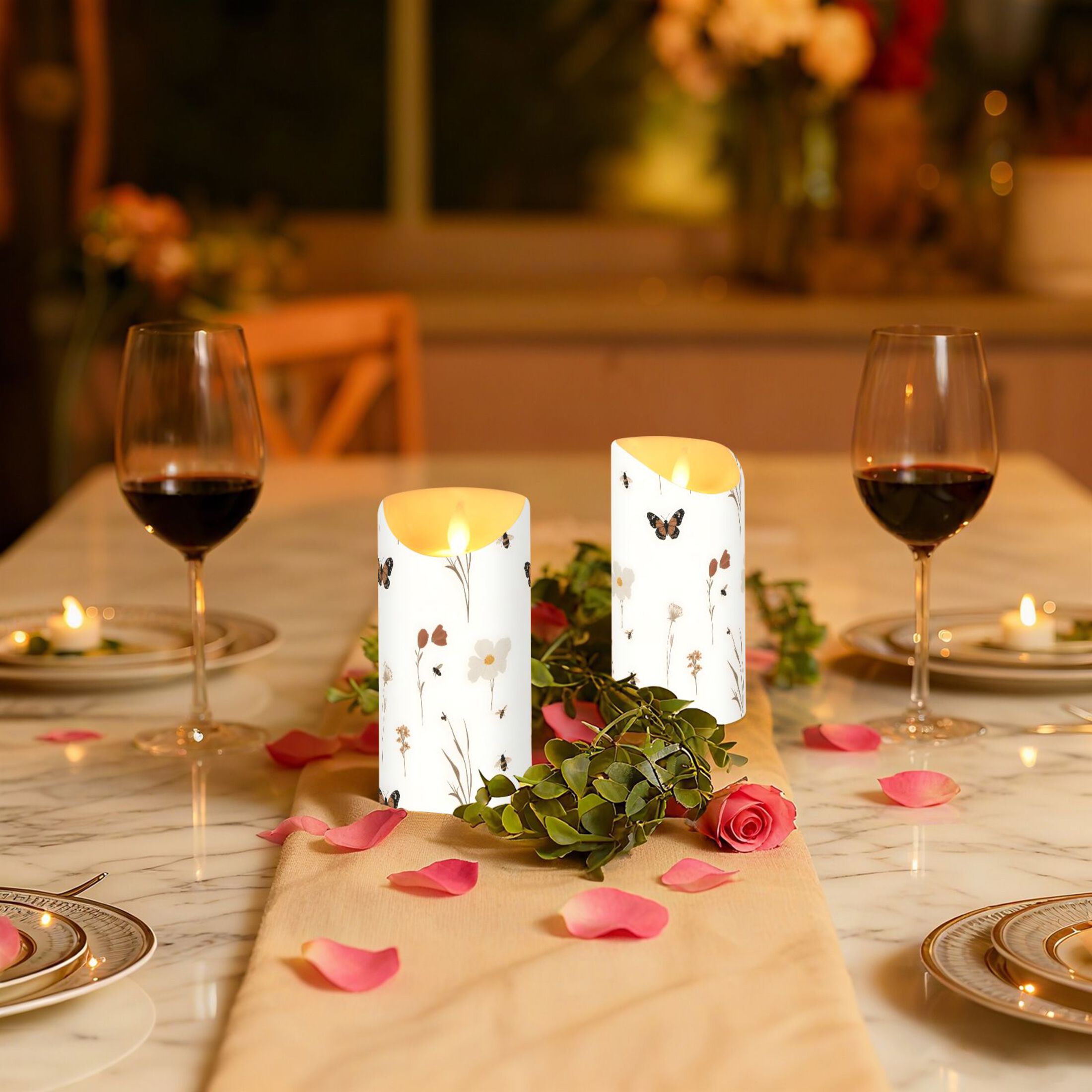 Wildflowers and Insects Flameless Candles 2 PCS with Remote Realistic Moving Flame LED Tapered Pillar Set for Home Decor