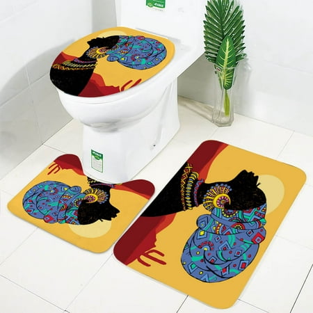 3pcs Bathroom Set Non-Slip Pedestal Rug + Lid Toilet Cover + Bath Mat Doormat Indian Women OR 70.8x70.8 inch Shower Curtain + Hooks Home