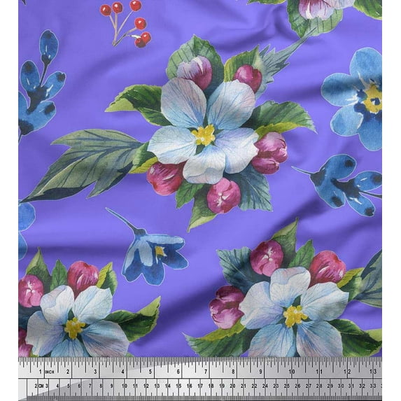 Soimoi Cotton Jersey Fabric Leaves,Red Berries & Flower Printed Craft Fabric by the Yard 58 Inch Wide