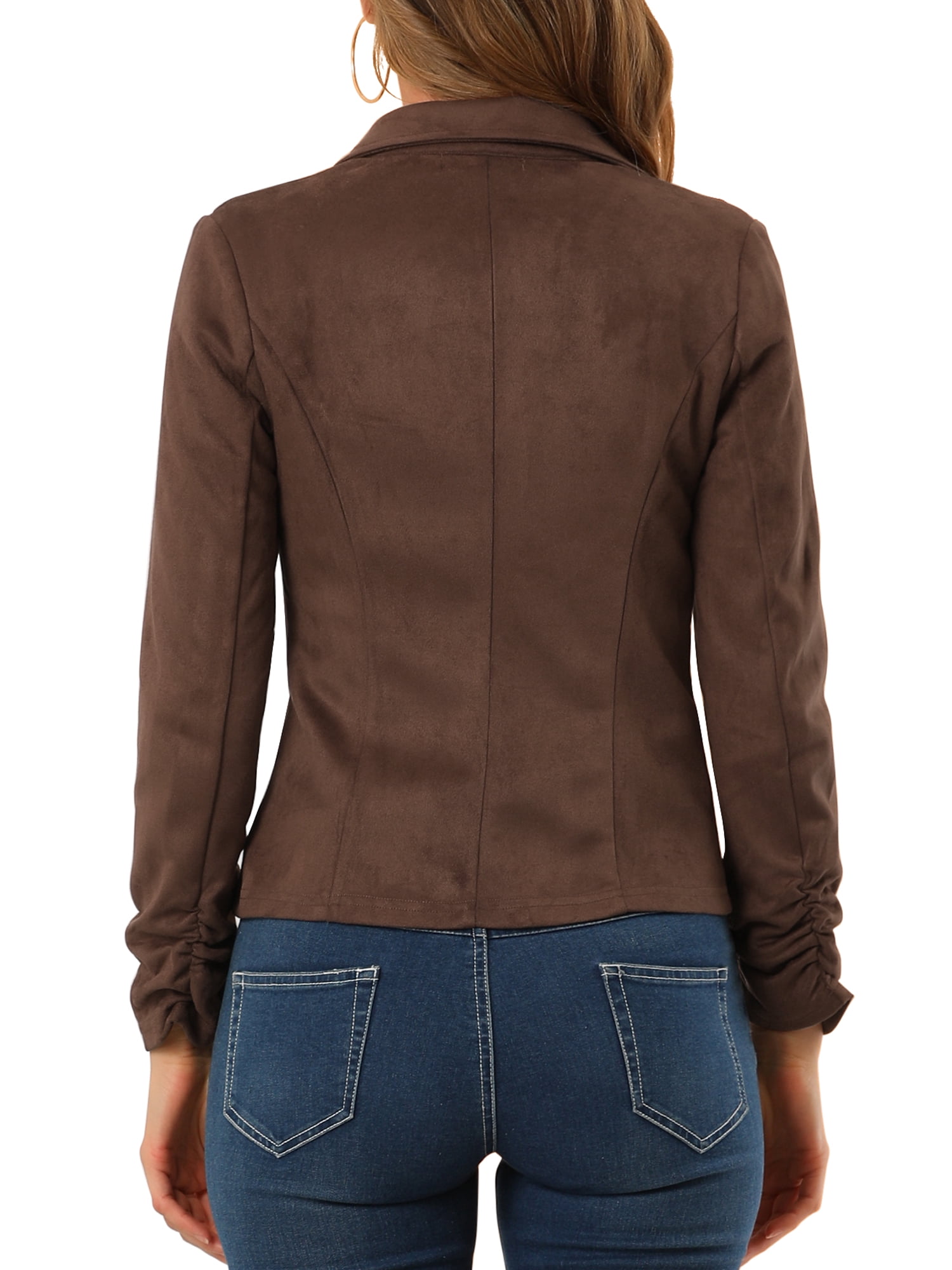 DARING DIVA Women's Long Sleeve Open Front Faux Suede Blazer S Brown