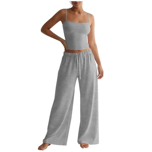 Pantalones Blancos Flare para Mujeres Estilo Color Sólido Suelto Apretado Cintura Cuello Redondo Tirar Cuerda Eslinga Cami Superior Y Pantalones de Cilindro Recto Conjunto de Medias de Encaje Blanco