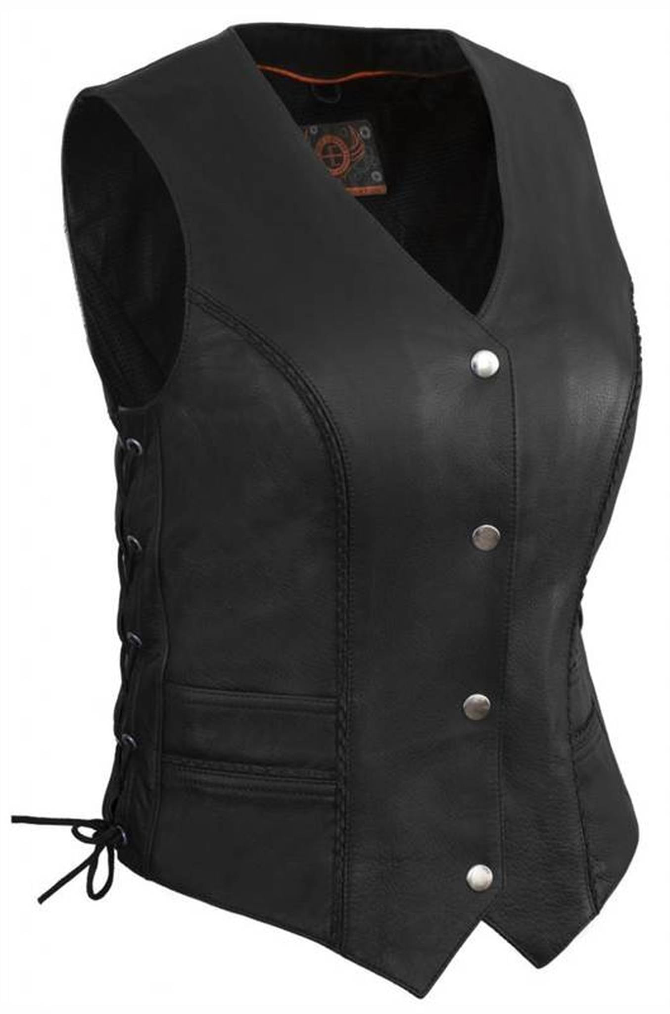 Black, Large Milwaukee Womens Classic Side Lace Leather Vest 