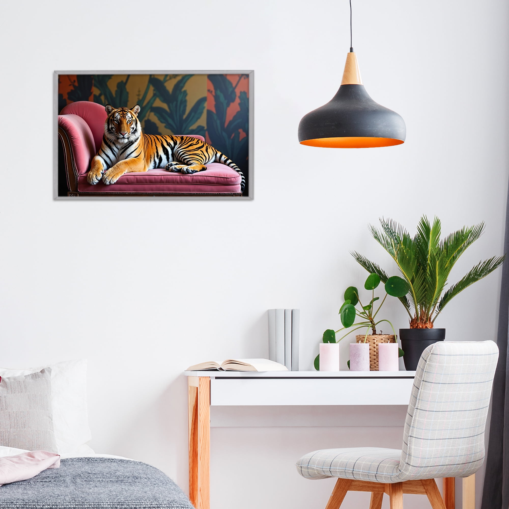 Exotic Tiger Lounging Gray Framed Giclee Art, design by Lettered and Lined