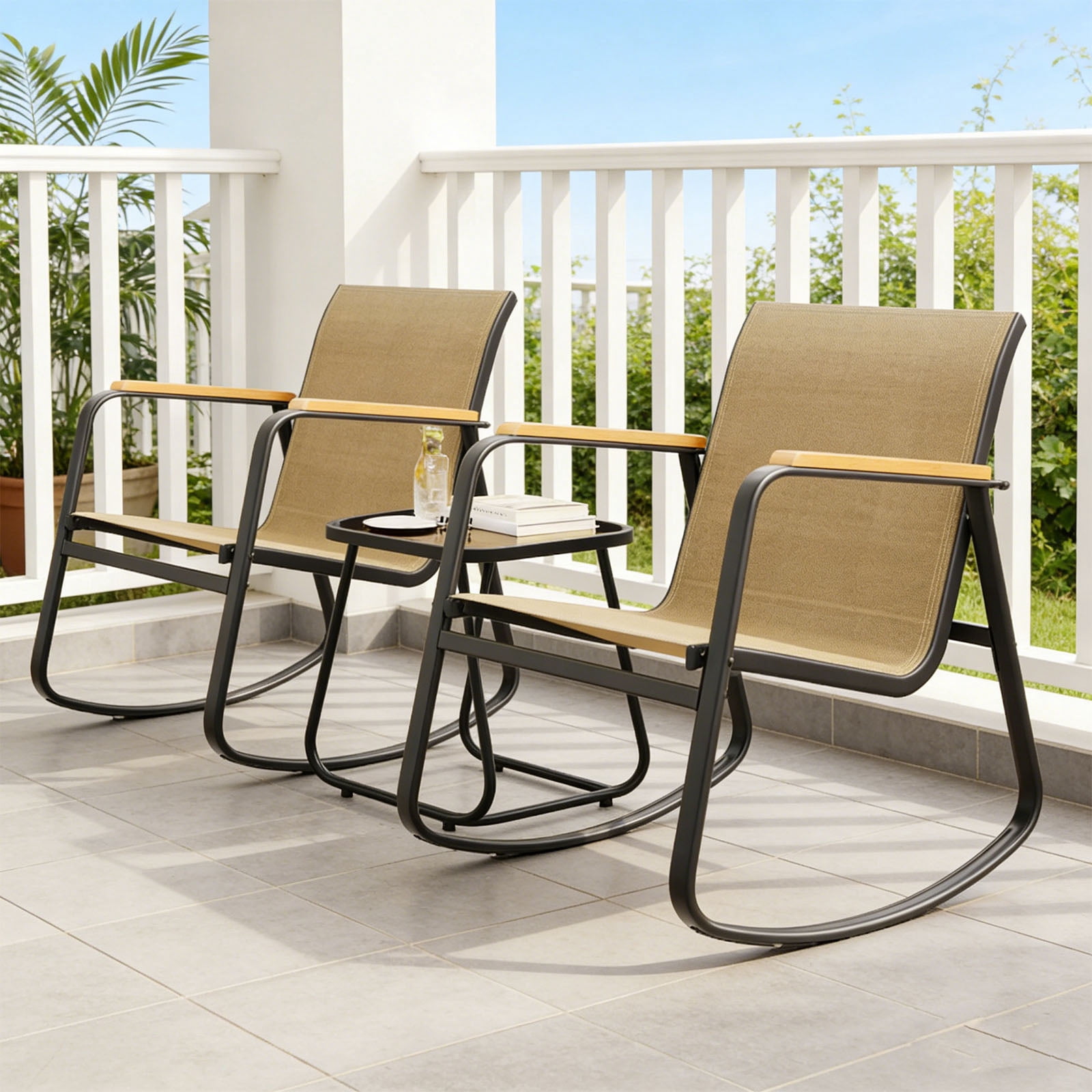 Casabay 3-Piece Outdoor Courtyard Furniture Set with Patio Chairs & Coffee Table, All Weather Outdoor Seating Breathable Fabric for Yard, Pool, Lawn, Brown