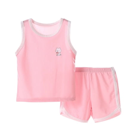 Wo-Fusoul Kids Cat Print Sleeveless Round Neck Top and Shorts Set Soft Stretch Breathable Casual Summer