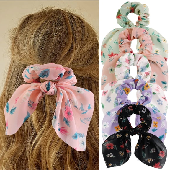 5PCS Hair Scrunchies with Bow Hair Ties Bunny Ear Bowknot Scrunchie Floral Girls Hair Accessories Hair Scrunchies for Women's Hair