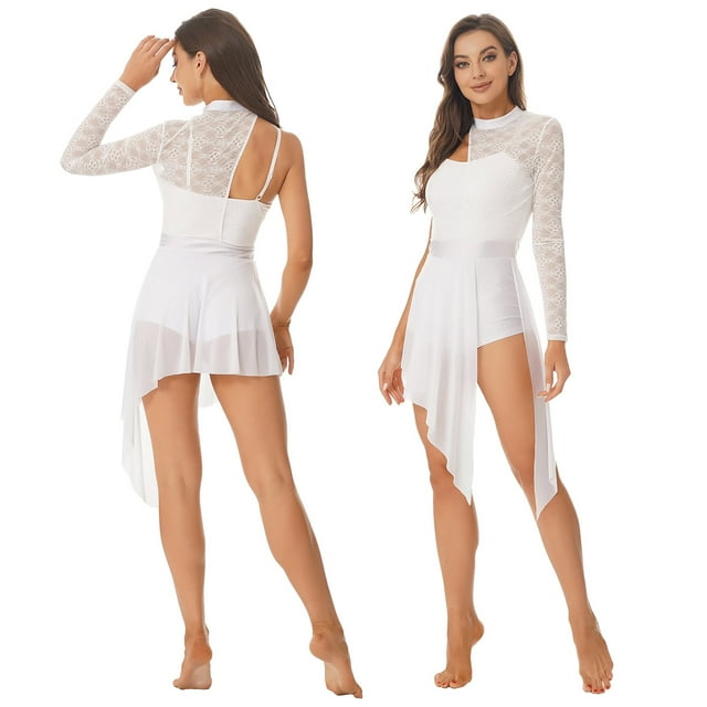 Aislor Robe de Danse Lyrique pour Femme à une Épaule, Manches Longues, Dentelle, Empiècement en Maille, Robes de Patinage Artistique, Blanc, M