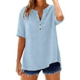 thumbnail image 3 of VJGBEGW Women Cotton Linen Tunic Tops Casual Half Sleeve 1/4 Button V Neck Shirts Loose Fit Summer Beach Vacation Blouse Light Blue L, 3 of 9
