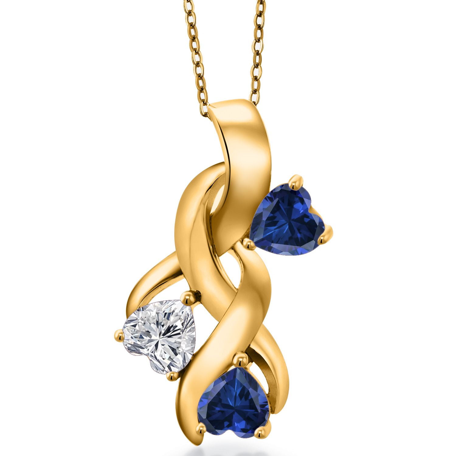 Gem Stone King 18K Yellow Gold Plated Silver Lab Grown Diamond and Blue Created Sapphire Pendant Necklace for Women | 1.44 Cttw | Gemstone April Birthstone | Heart Shape 5MM | With 18 inch Chain