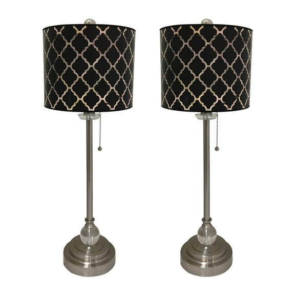 Royal Designs 28" Crystal and Brushed Nickel Buffet Lamp with Black Moroccan Tile Design Hardback Lamp Shade, Set of 2