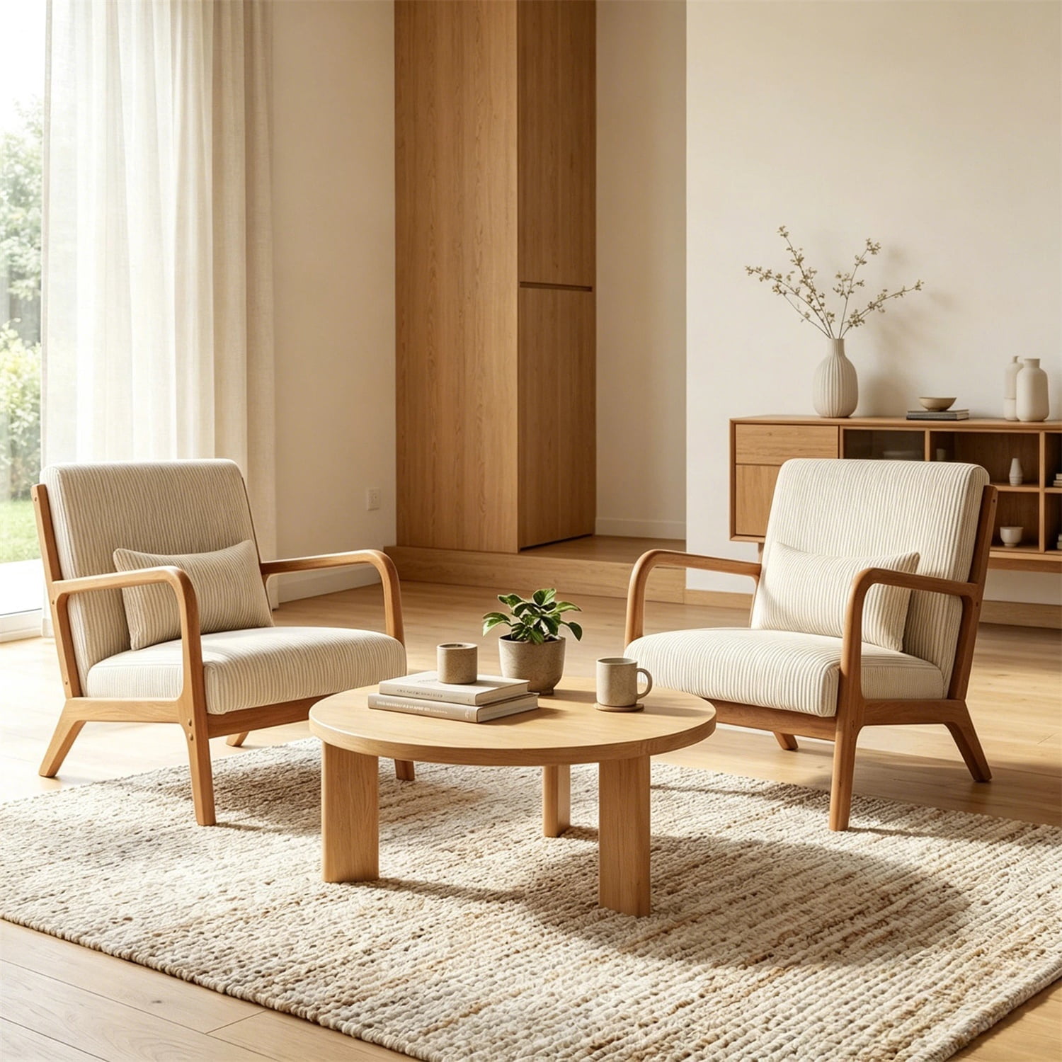 Hommoo Modern Accent Chair, Striped Corduroy Fabric Arm Chair with Solid Wood Frame, Upholstered Comfy Reading Chair for Home, Beige