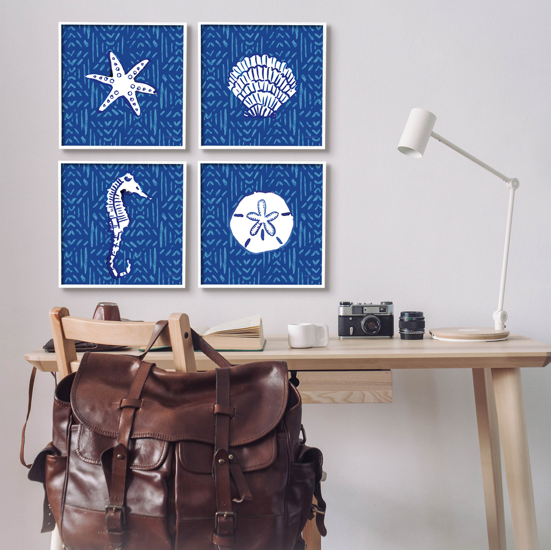 Stupell Industries Patterned Seashells Sea Horse Graphic Art White Framed Art Print Wall Art, Set of 4, Design by Mercedes Lopez Charro