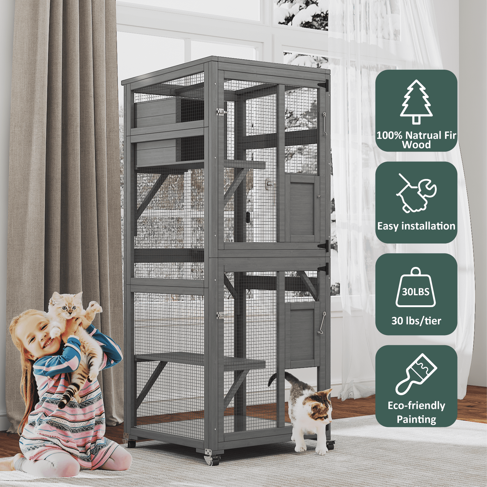 TIMHAKA Outdoor Cat Catio Enclosure, 4 Tiers Indoor Catio w/ Wheels, Resting Box, Waterproof Roof, Gray
