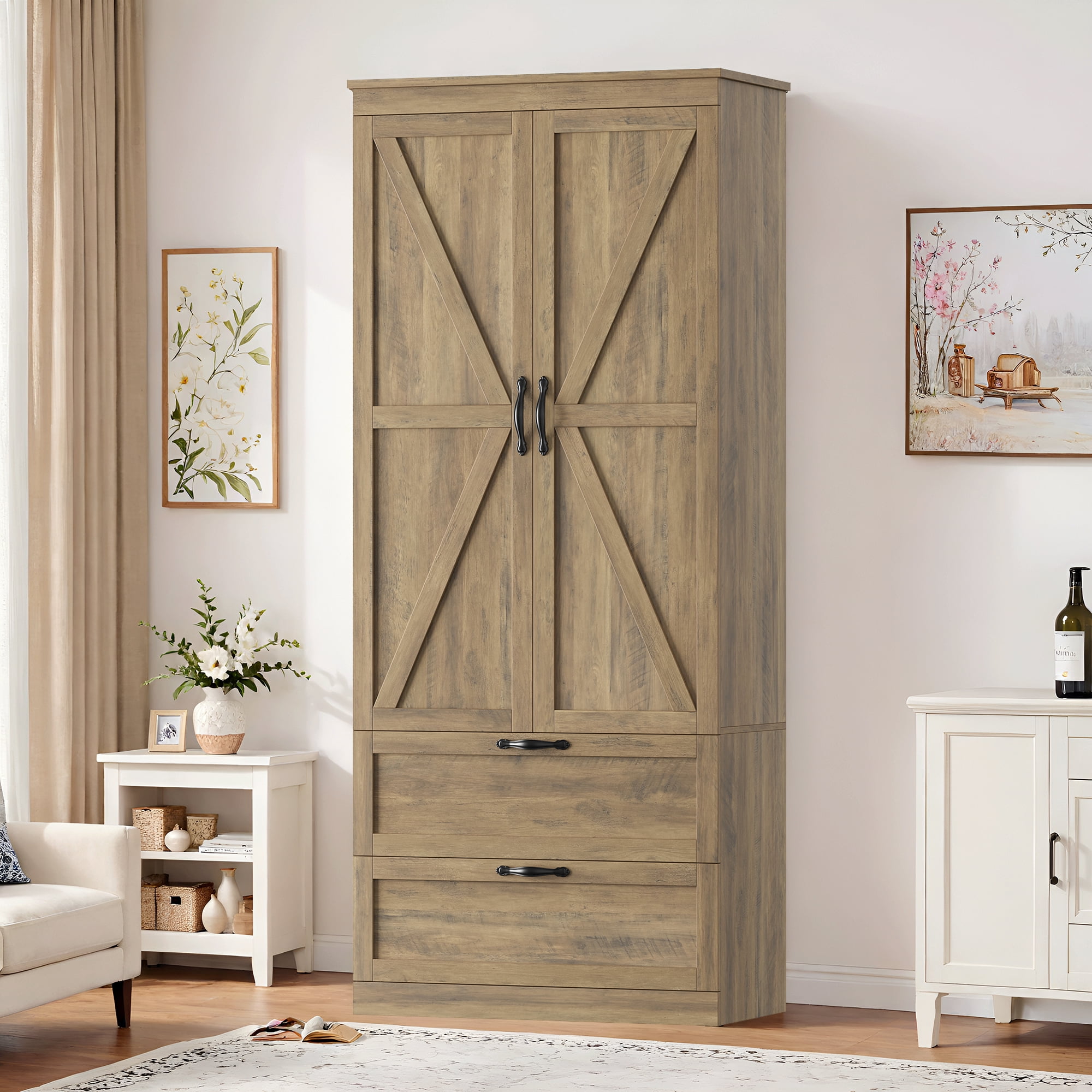 Homfa 70'' Tall Kitchen Pantry with Shelf & Drawer, Farmhouse 2 Door Pantry Storage Cabinet for Dining Room Living Room, Rustic Brown
