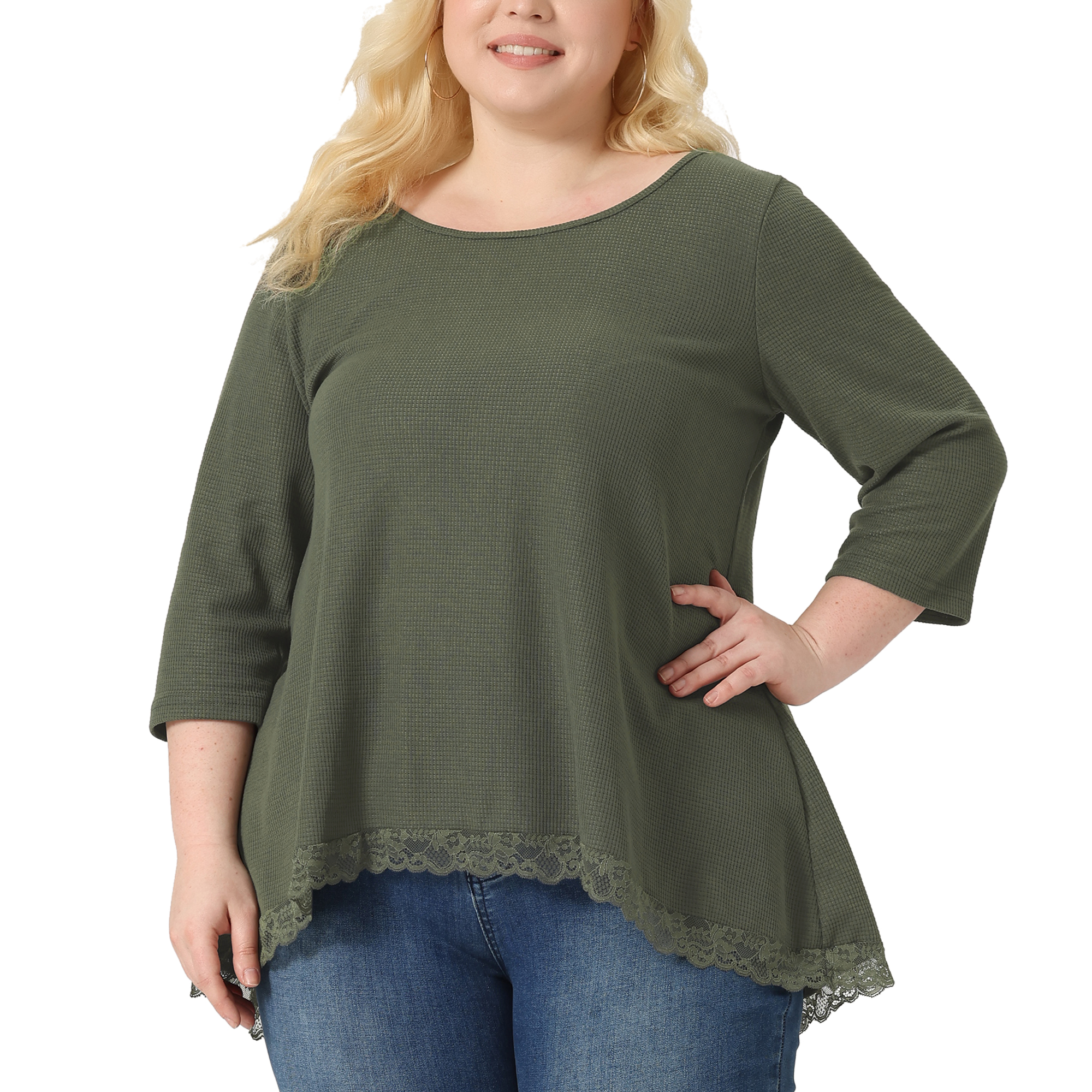 Unique Bargains Women's Plus Size Blouse Waffle Round Neck Lace Panel High Low Hem Tops 2X Army Green