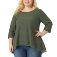 thumbnail image 2 of Unique Bargains Women's Plus Size Blouse Waffle Round Neck Lace Panel High Low Hem Tops 1X Army Green, 2 of 6