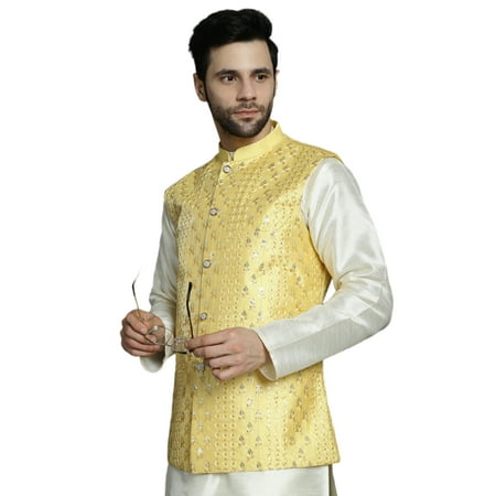 Maple Clothing Men's Sleeveless Modi Jacket Chikankari Indian Mandarin Neck Waistcoat Vest (Yellow, M)