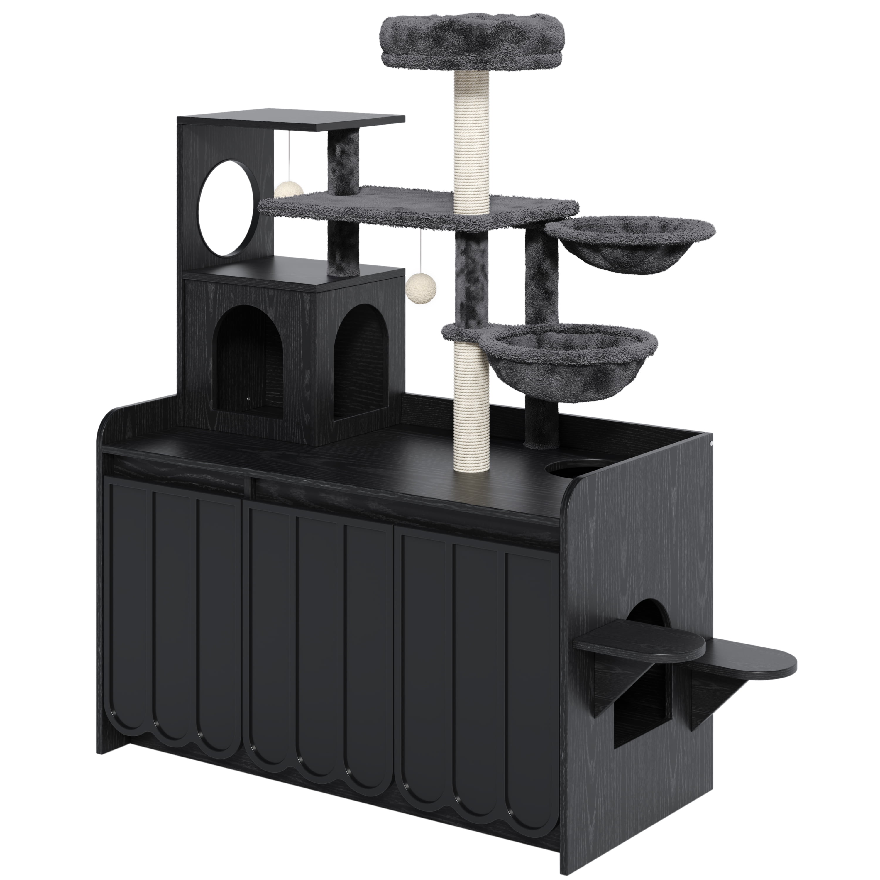 Euroco Cat Tree with Litter Box Enclosure, 59" Tall Modern Cat Tower with Sisal Scratching Post,Hammock,House,Perch & Storage Space,All-in-One Cat Condo,Hidden Cat Furniture,Black