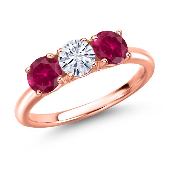 Gem Stone King 18K Rose Gold Plated Silver White Moissanite and Red Created Ruby Engagement Ring for Women | 1.70 Cttw | Round 5MM | Gemstone Birthstone | Size 8