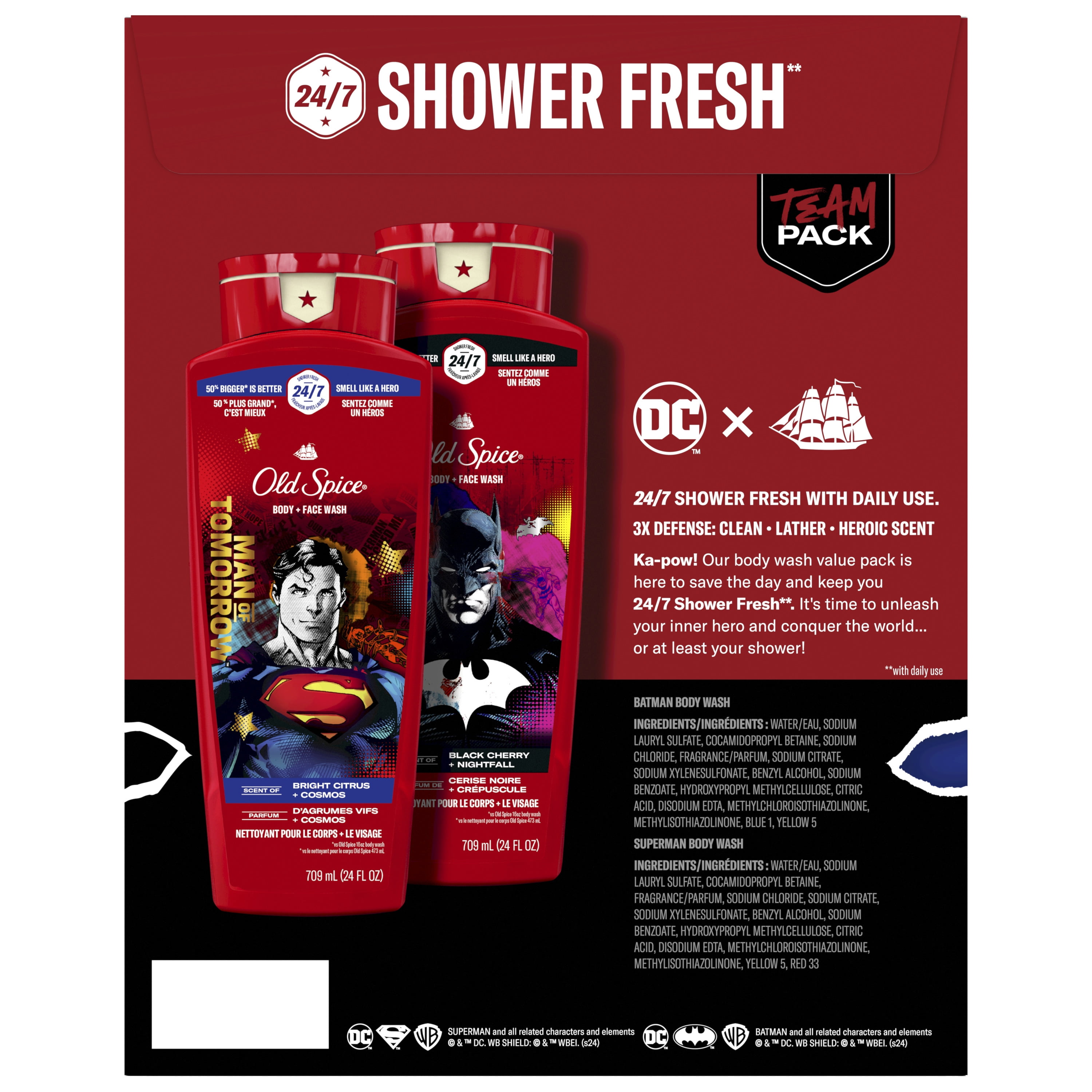 Old Spice Cleansing Body Wash for Men, 24/7 Shower Fresh with Lasting Scent, 2 in 1 Body and Face Wash, Rich Lather, Twin Pack, Superman and Batman, 2 x 24oz