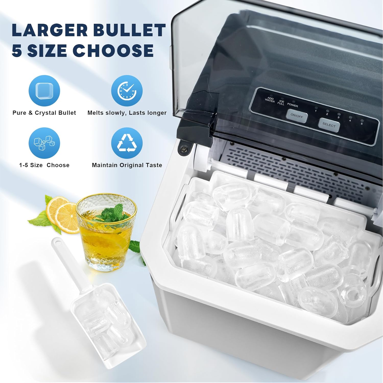 5-Level Selectable Bullet Ice Ice Maker, 26.5lbs Per Day Ice Machine, 9 Ice Cubes Ready in 9 Mins Ice Makers Countertop, Clear Ice Making Countertop Ice Maker for Home and Kitchen