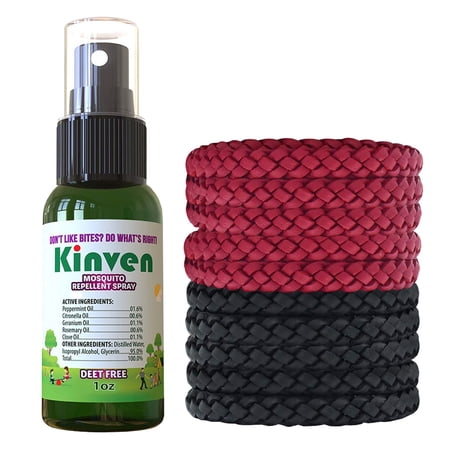 Kinven Bracelets and Spray Pack for Mosquito - 1oz Bottle + 10 Bracelets, Red/Black, Great Looking and Natural, Insect Wristband & Spray, Waterproof, Indoor Outdoor Protection for Adults & Kids